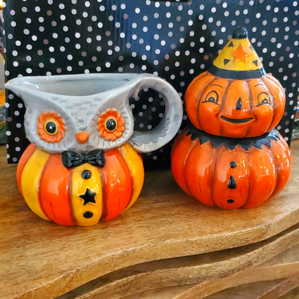 COPY - Johanna Parker Transpac Halloween Sugar Creamer Set Owl & Pumpkin